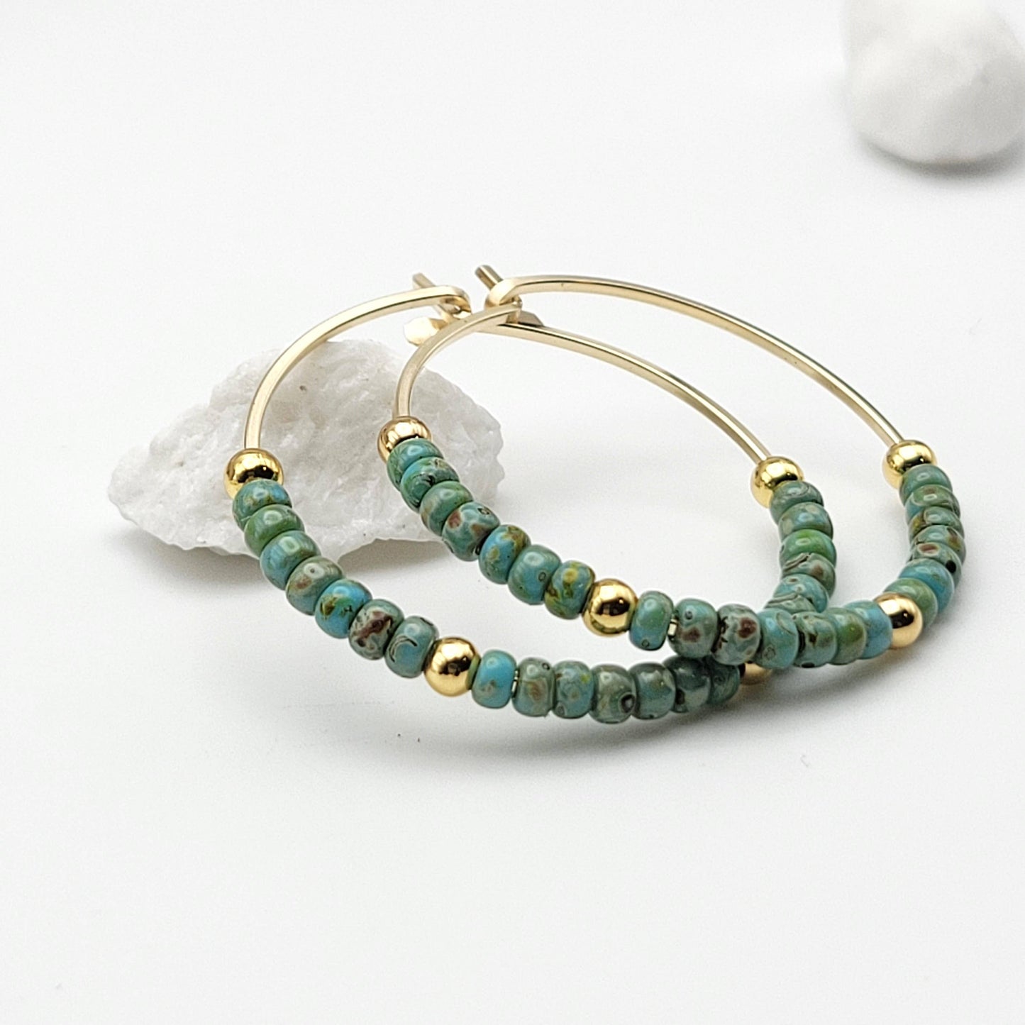Gold Filled Boho Hoop with Turquoise Beads - Summer Earrings