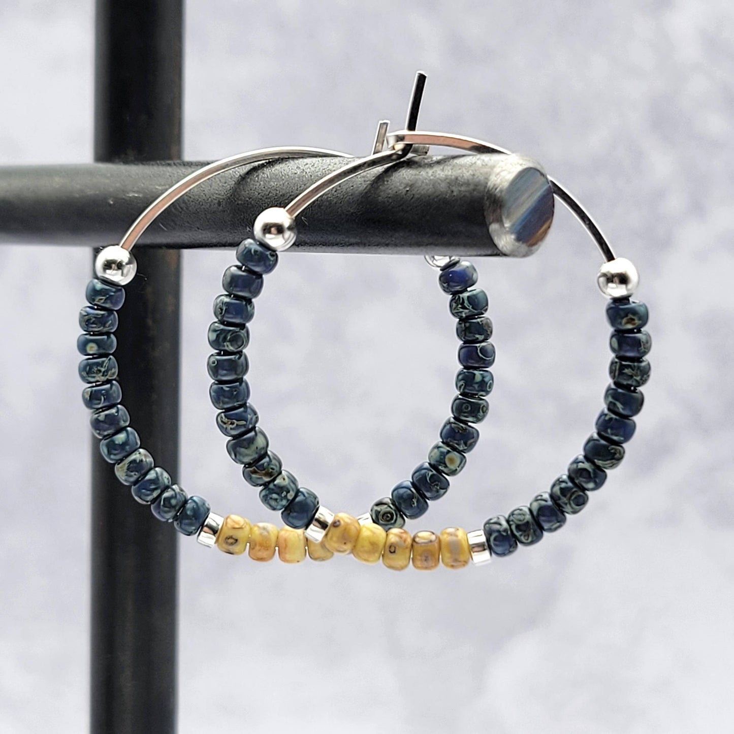 Blue Beaded Boho Silver Hoop Earrings