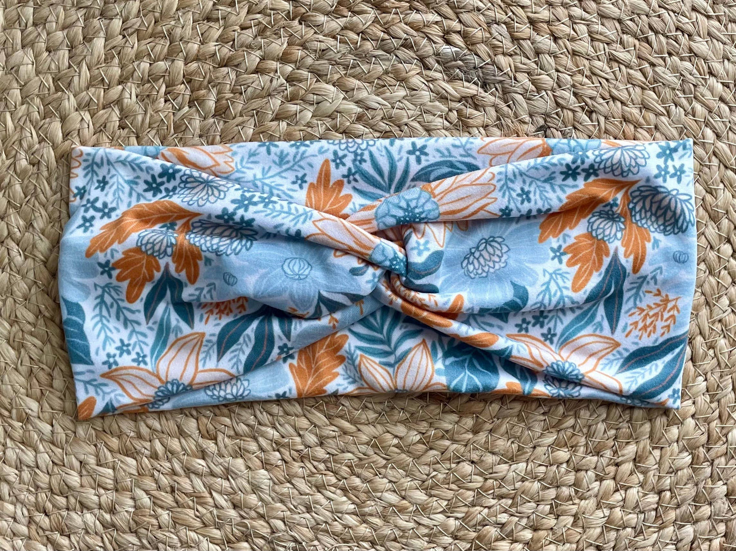 Blue Floral Leaves Knit Twist Headband