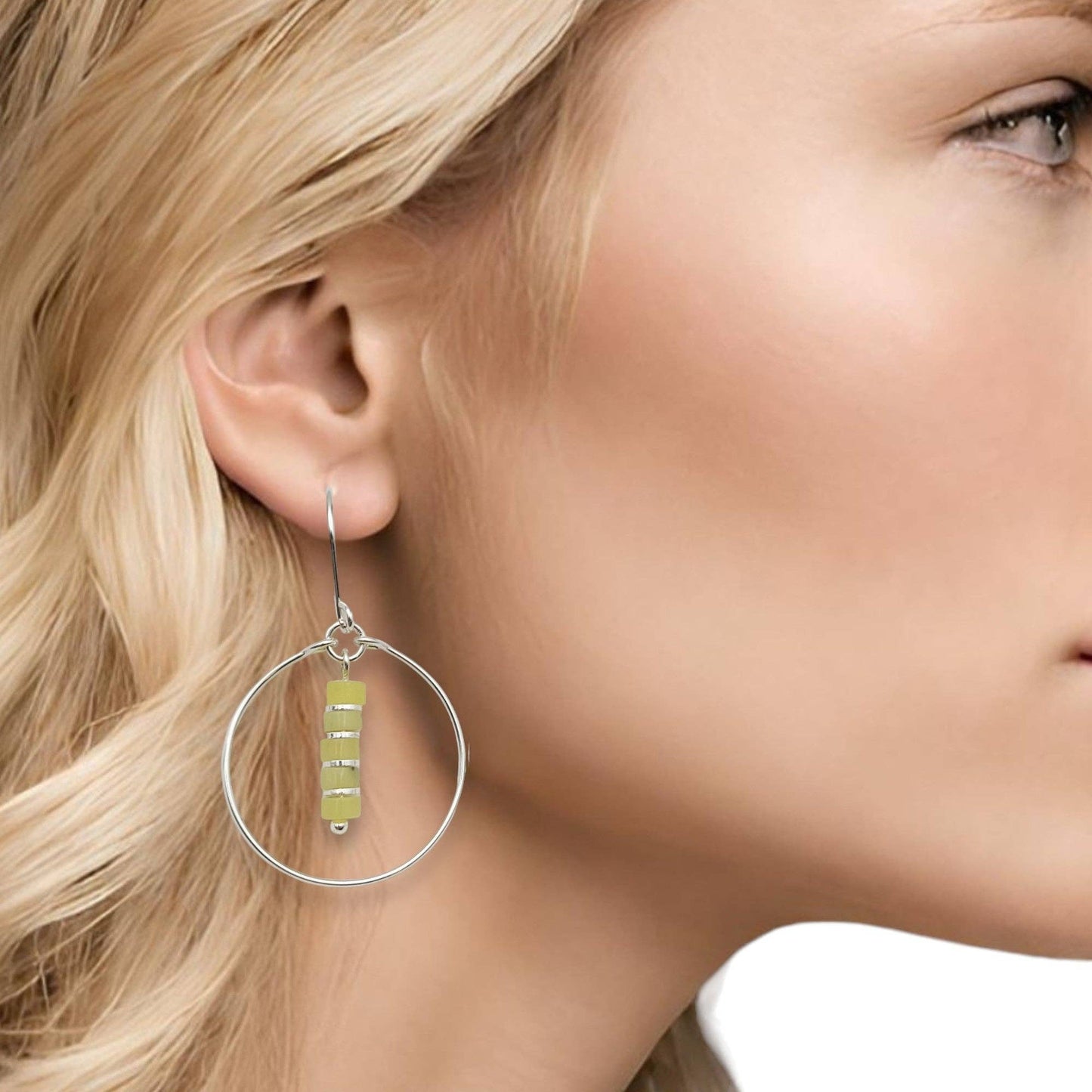 Sterling Silver Hoop Earrings with Lemon Yellow Jade