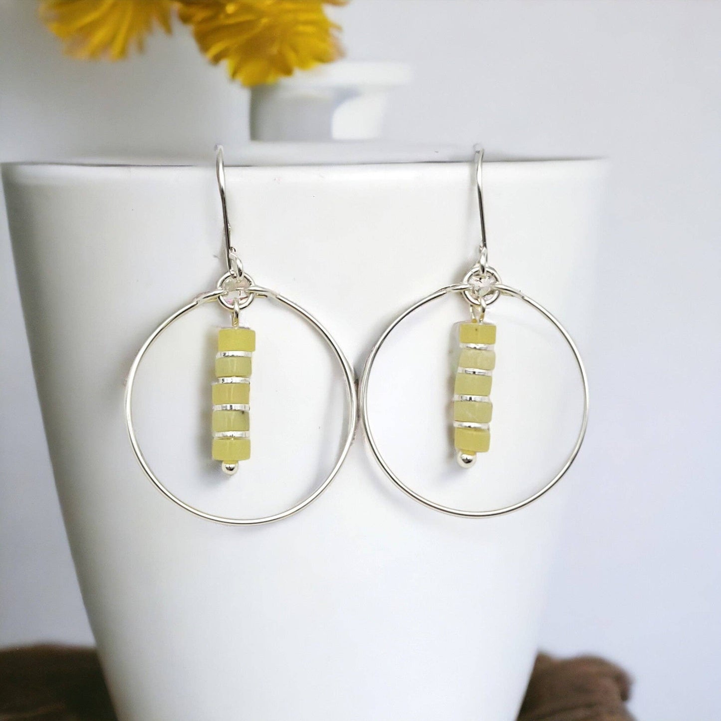 Sterling Silver Hoop Earrings with Lemon Yellow Jade