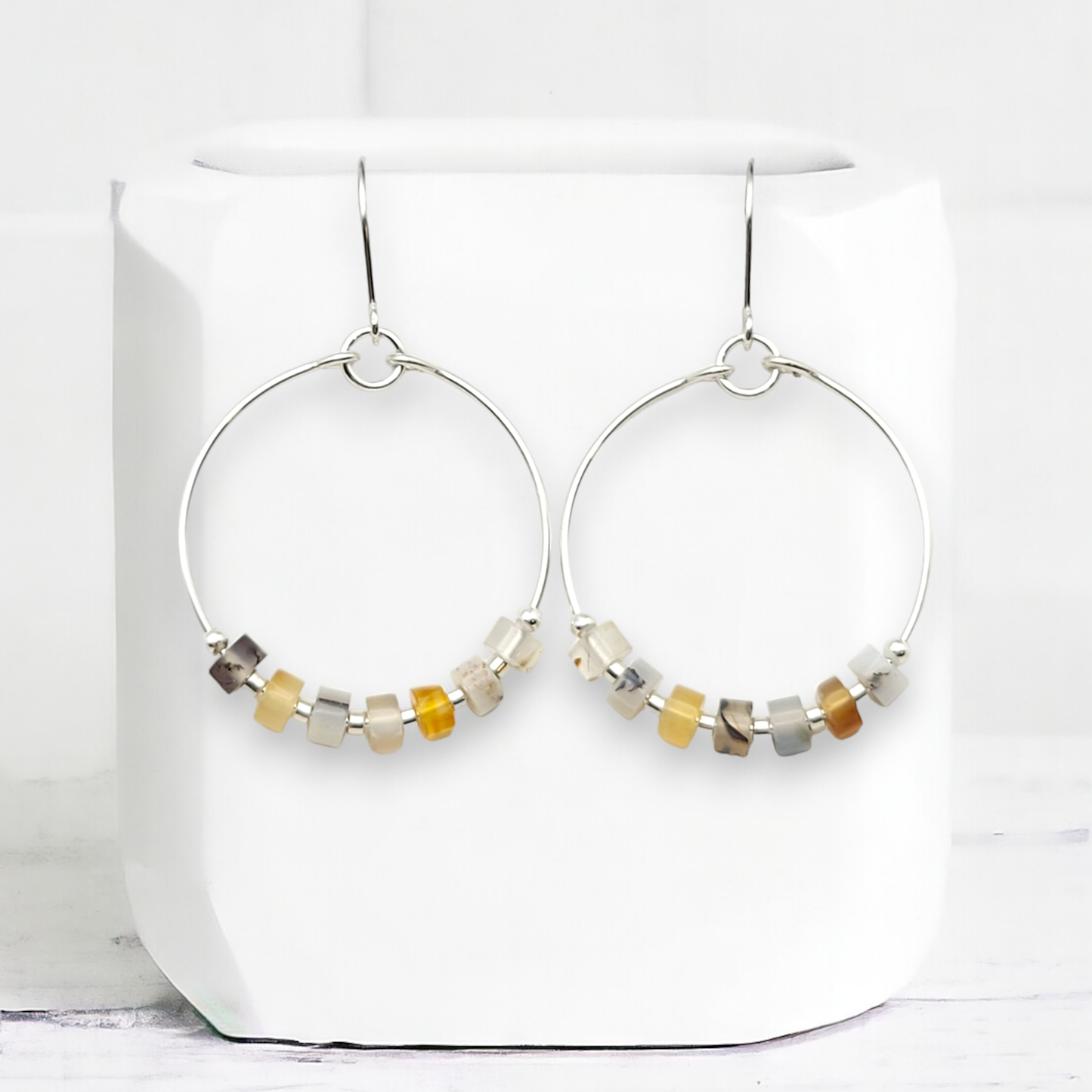 Silver Hoop Earrings with Montana Agate Gemstones