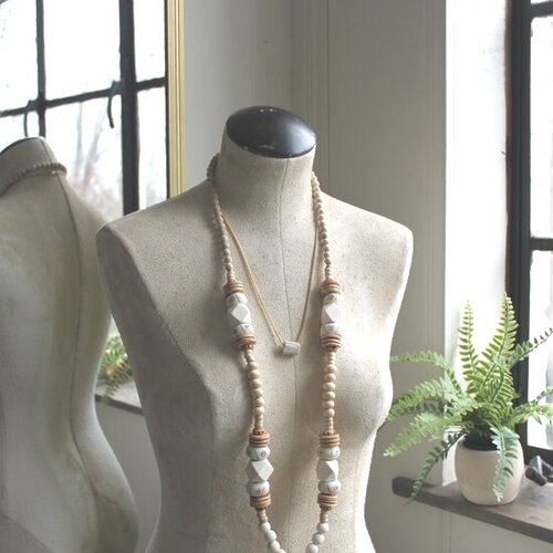 Wood + Bone Bead Statement Necklace - Boho Neutral White