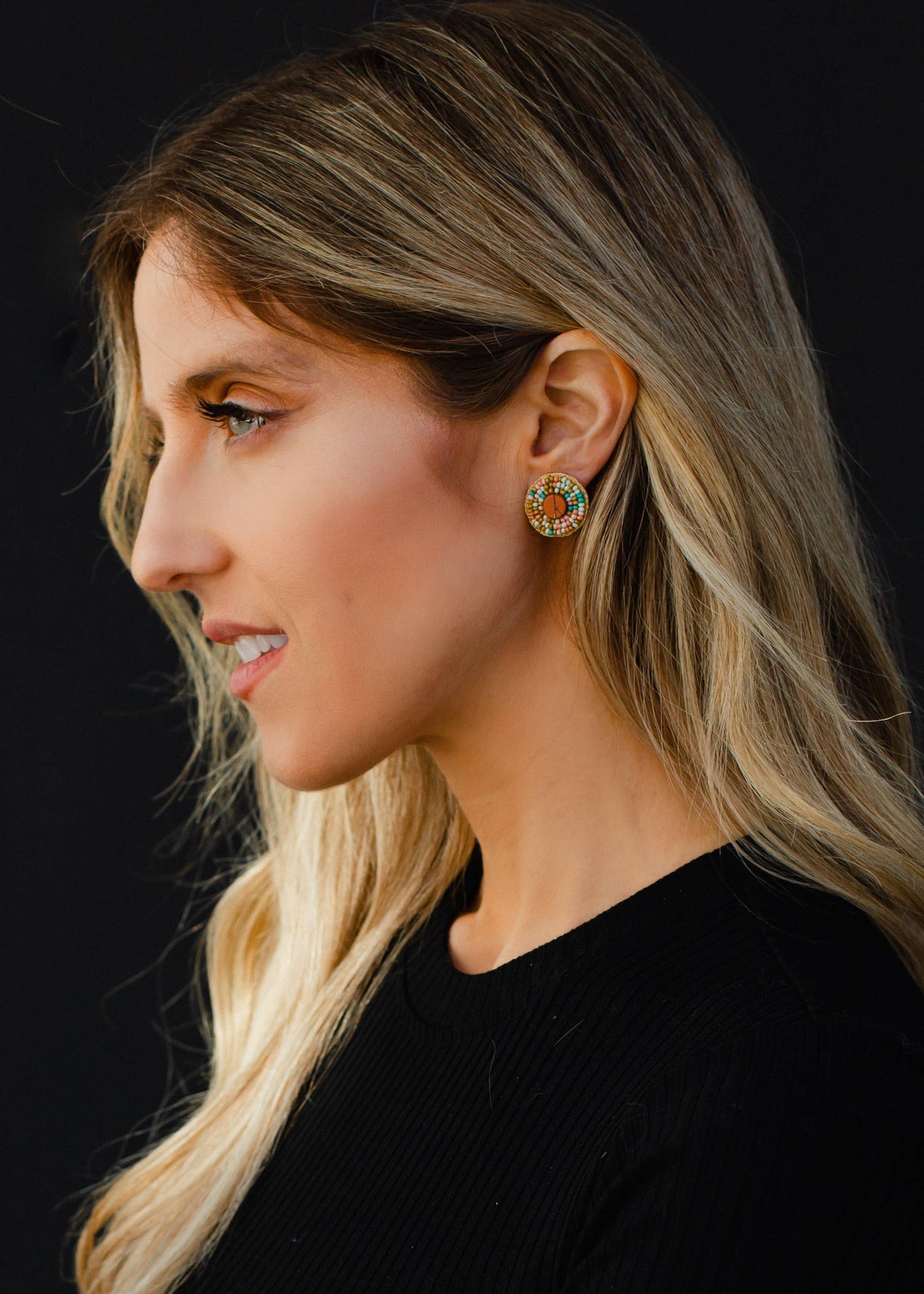 Lt. Green, Pink & Teal Beaded Stud Earrings