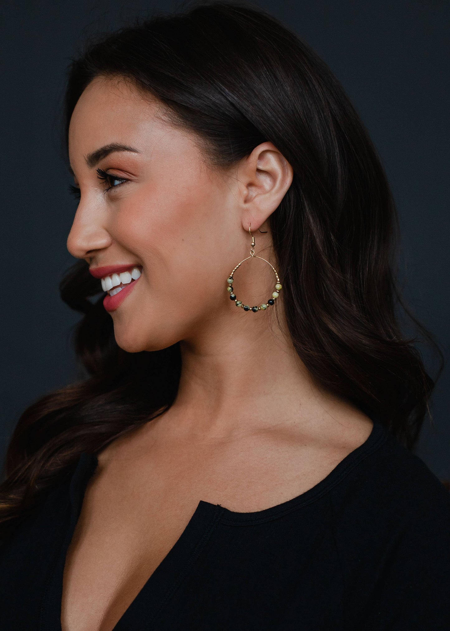 Gold Wire Dangle Hoop Earrings - Lt. Green