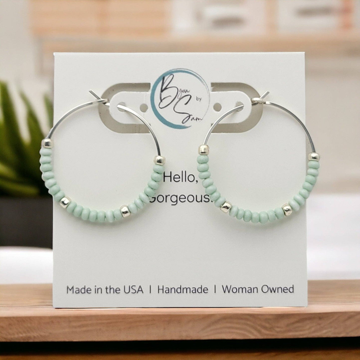 Sterling Silver Hoop Earrings with Pale Mint Green Seed Bead