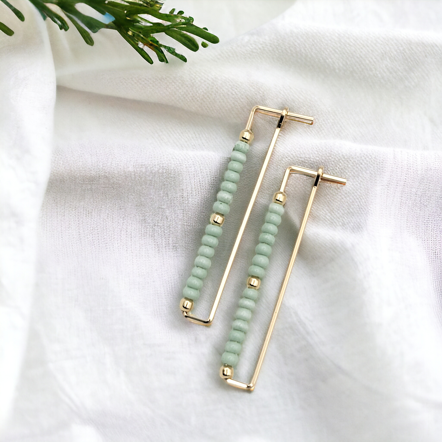 Gold Rectangle Earrings with Mint Green Seed Beads