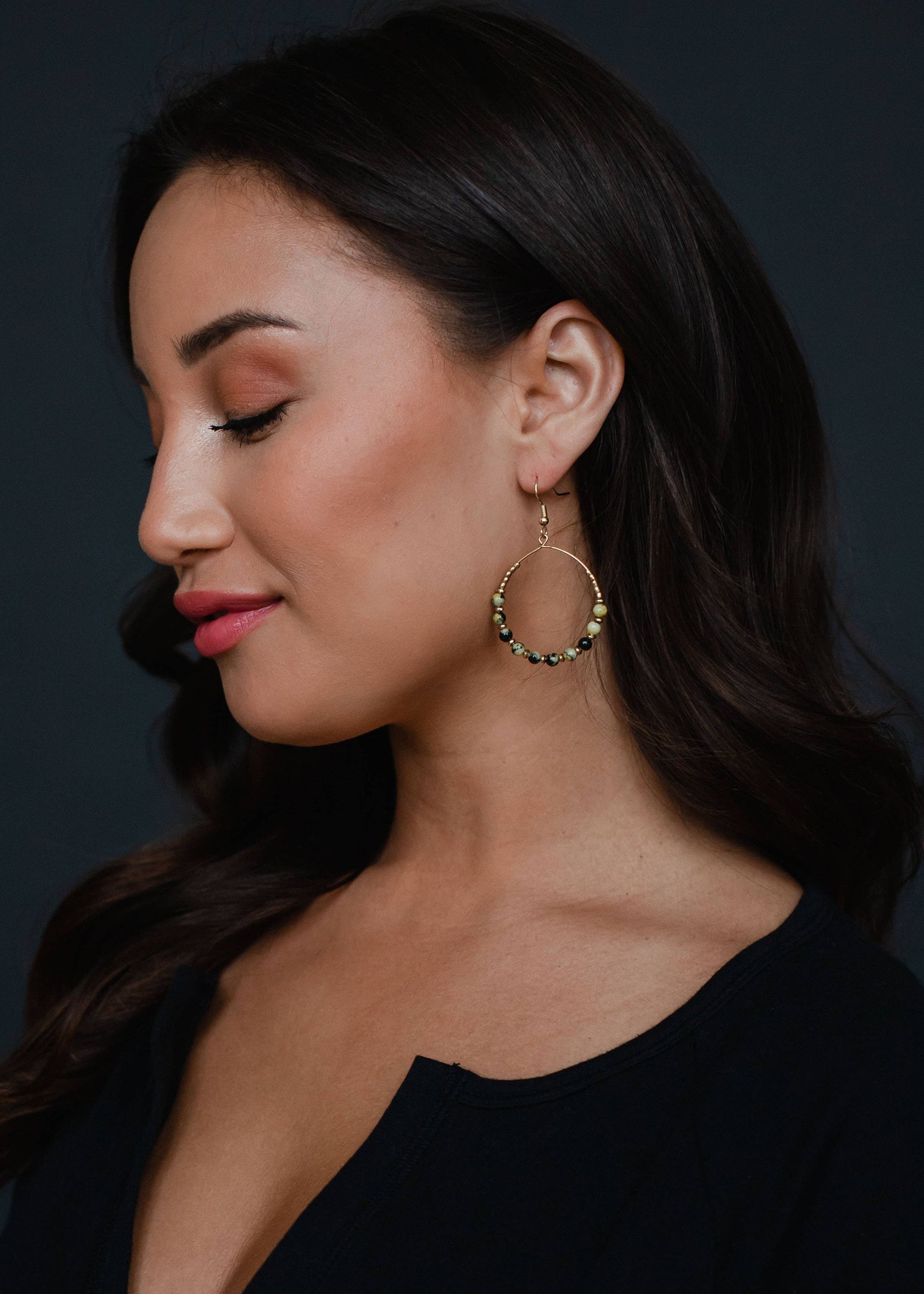 Gold Wire Dangle Hoop Earrings - Lt. Green