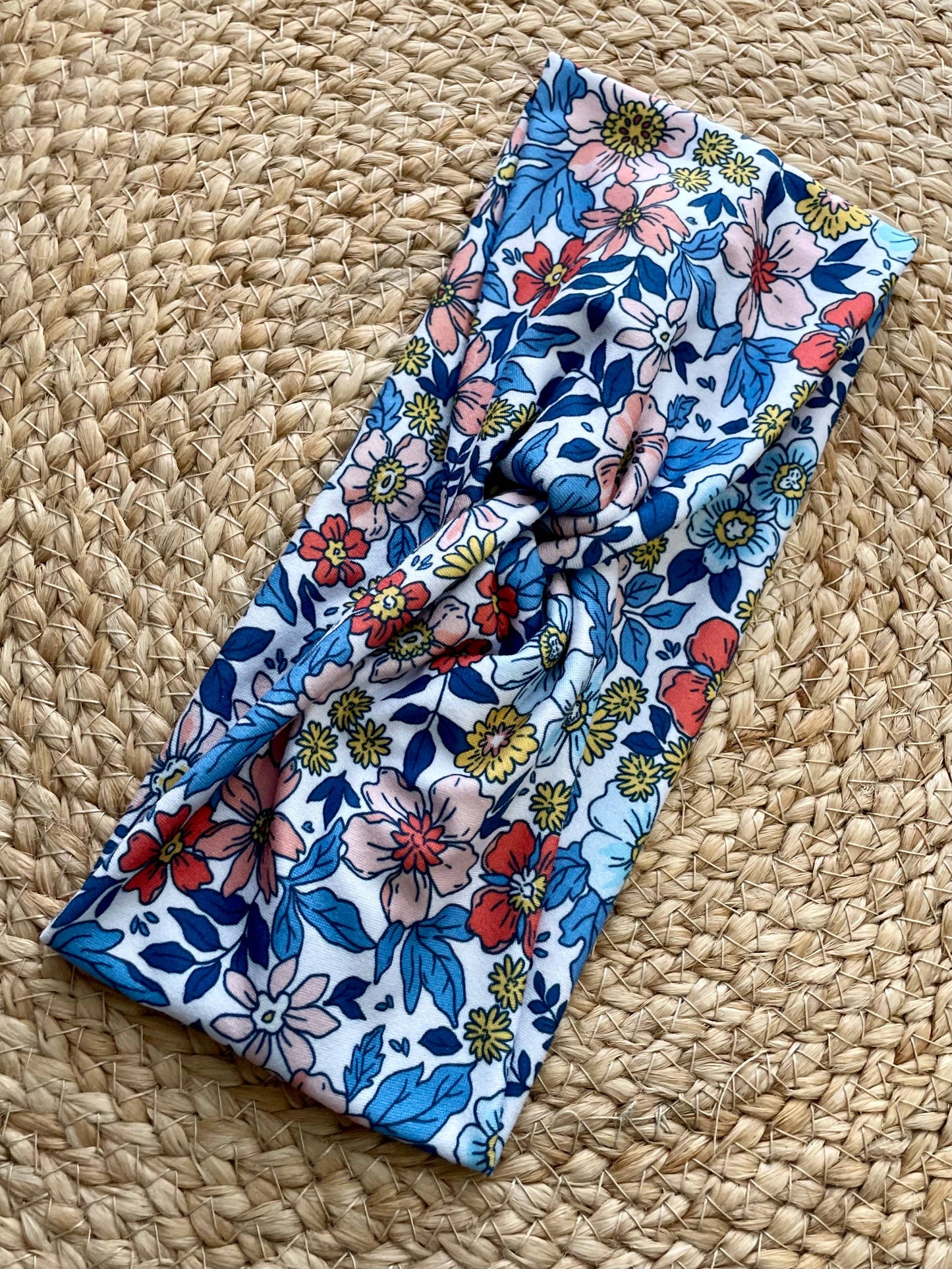 Blue Pink Florals Knit Twist Headband