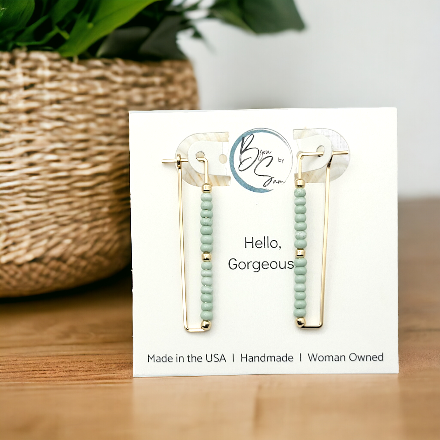 Gold Rectangle Earrings with Mint Green Seed Beads