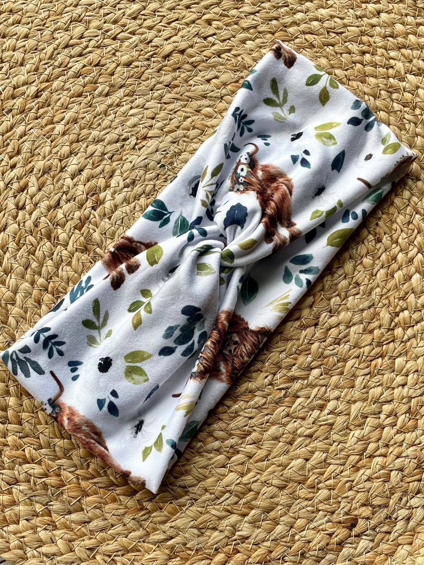 Highland Cow White Floral Knit Twist Headband
