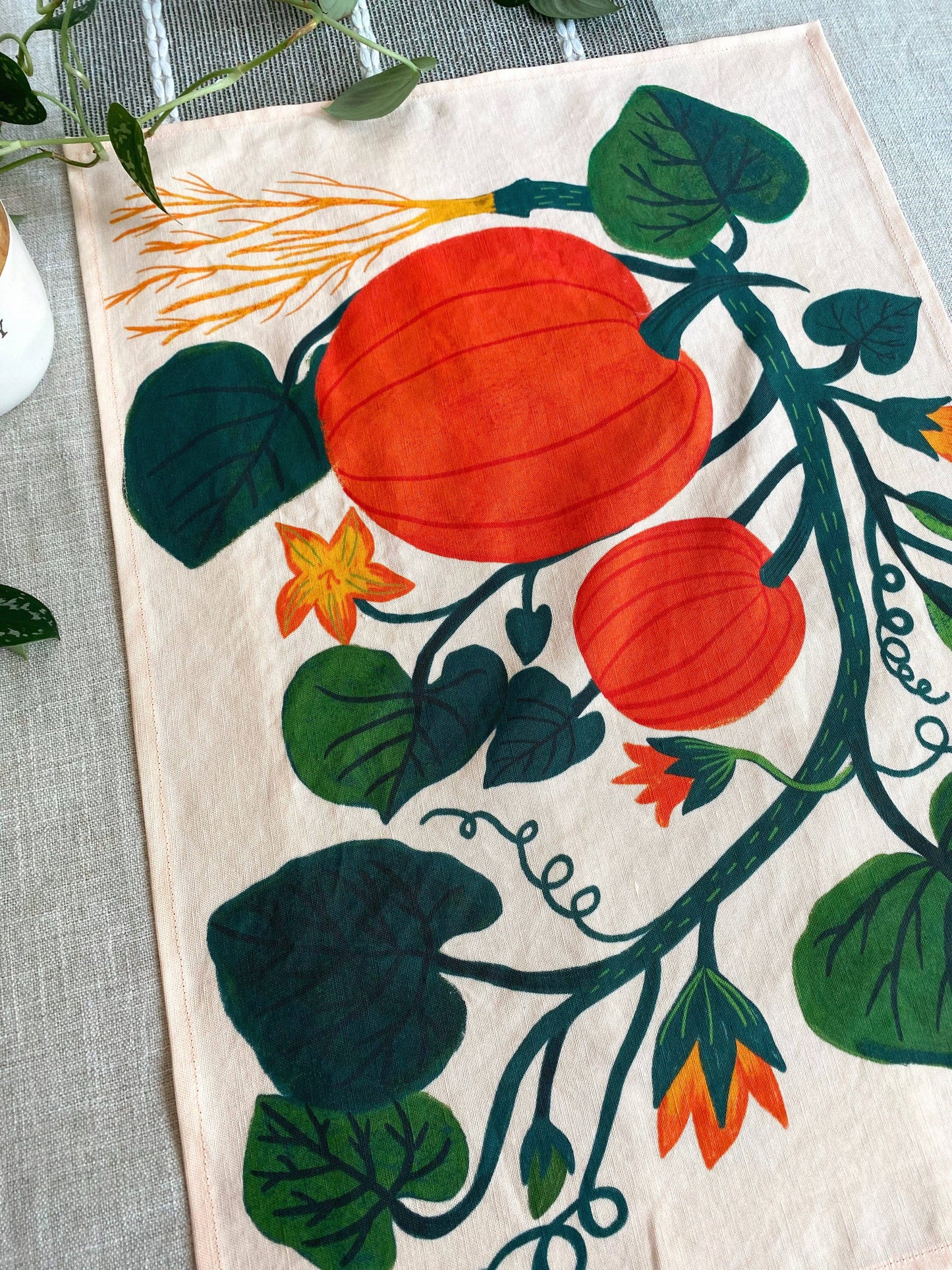 Pumpkin Garden Tea Towel - Soft Peachy Pink Color