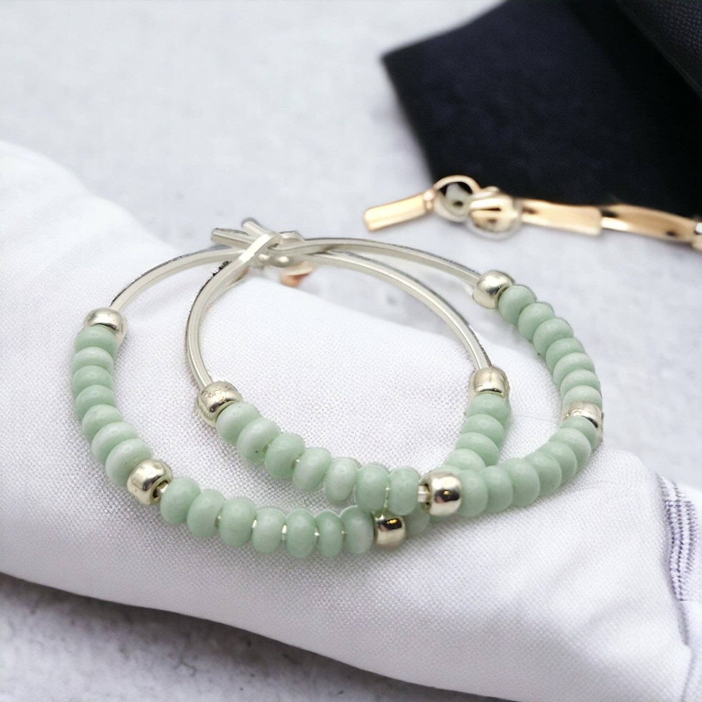 Sterling Silver Hoop Earrings with Pale Mint Green Seed Bead