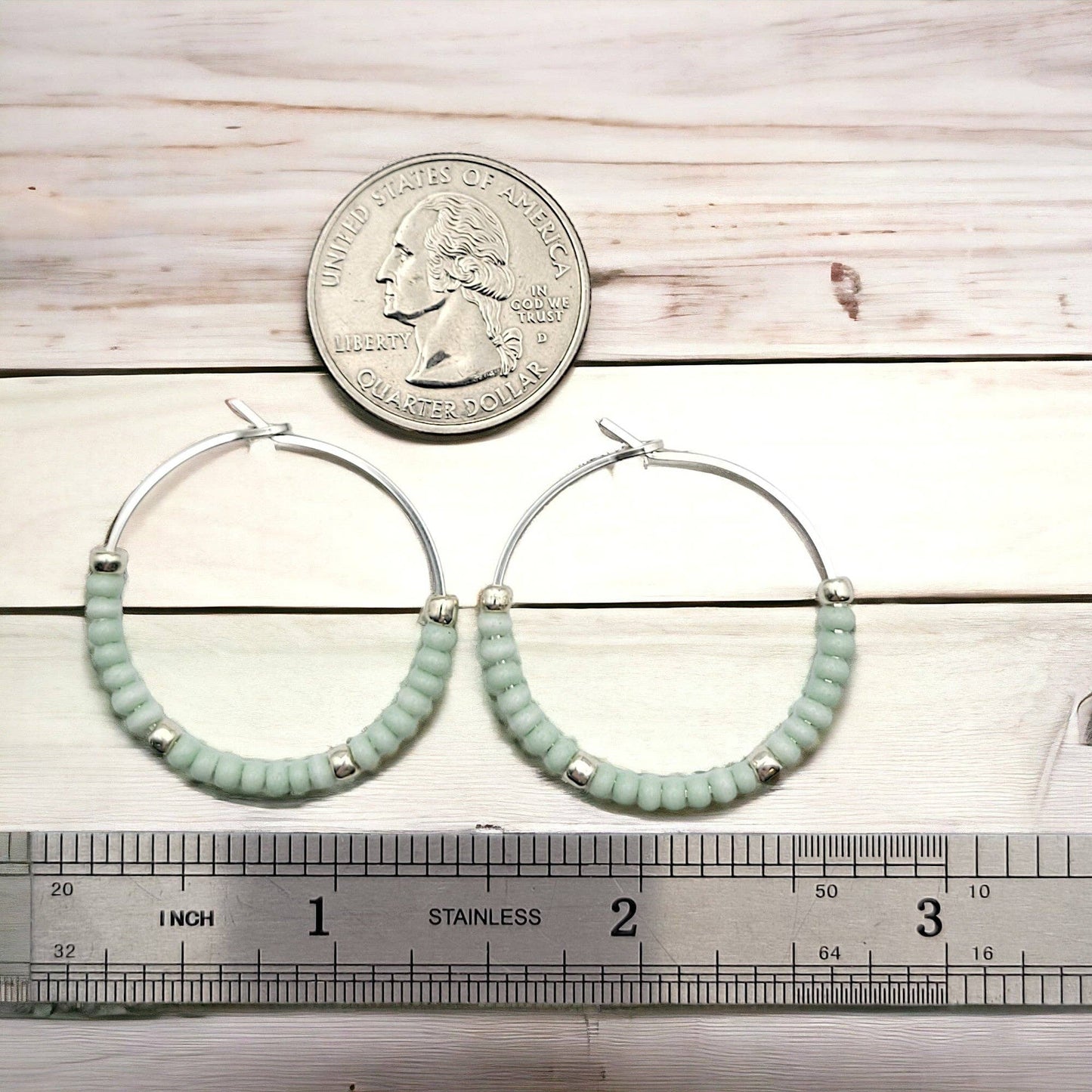Sterling Silver Hoop Earrings with Pale Mint Green Seed Bead