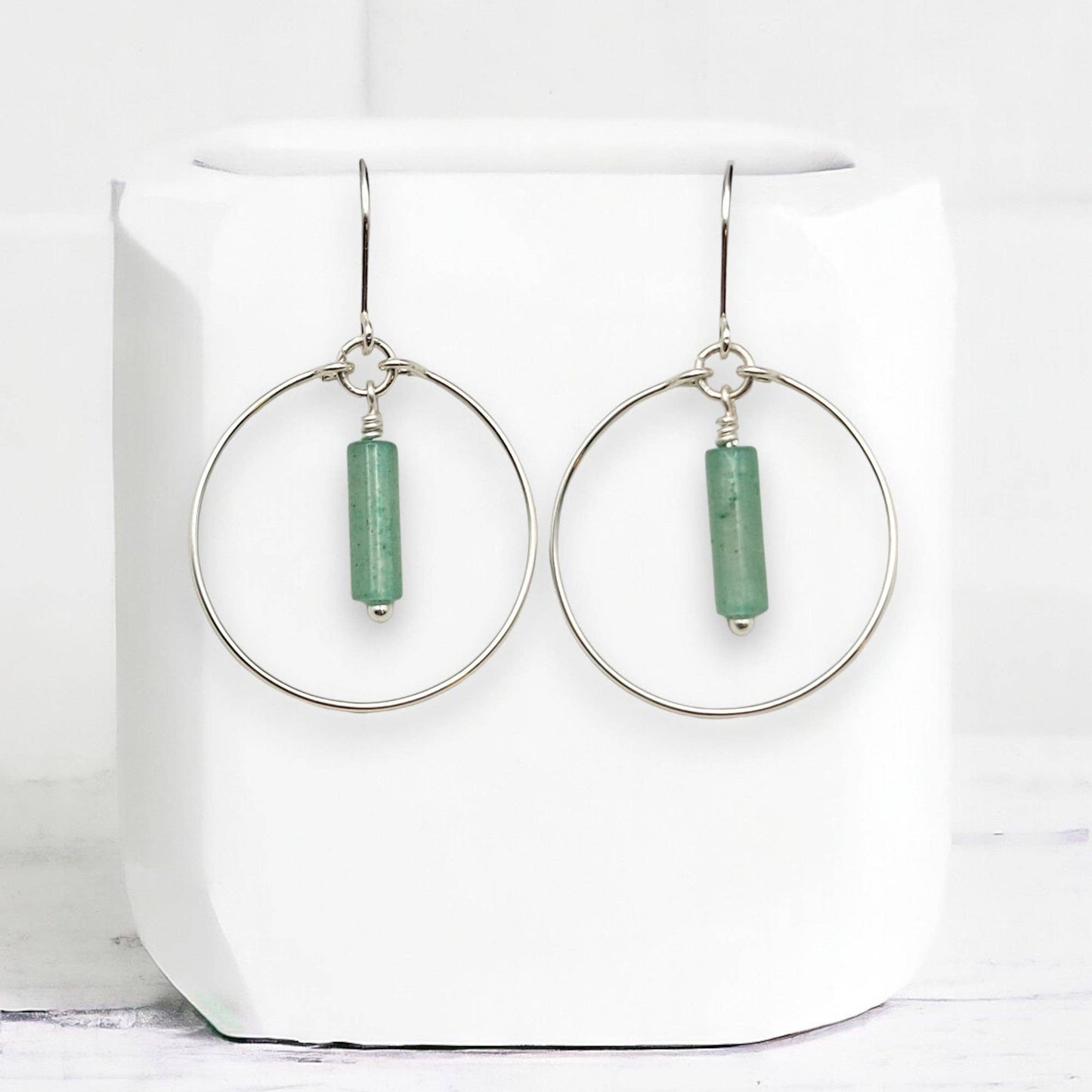 Sterling Silver Hoop Earrings with Green Aventurine Handmade