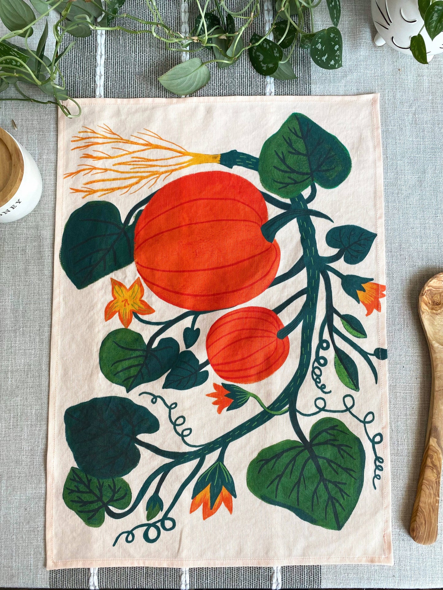 Pumpkin Garden Tea Towel - Soft Peachy Pink Color