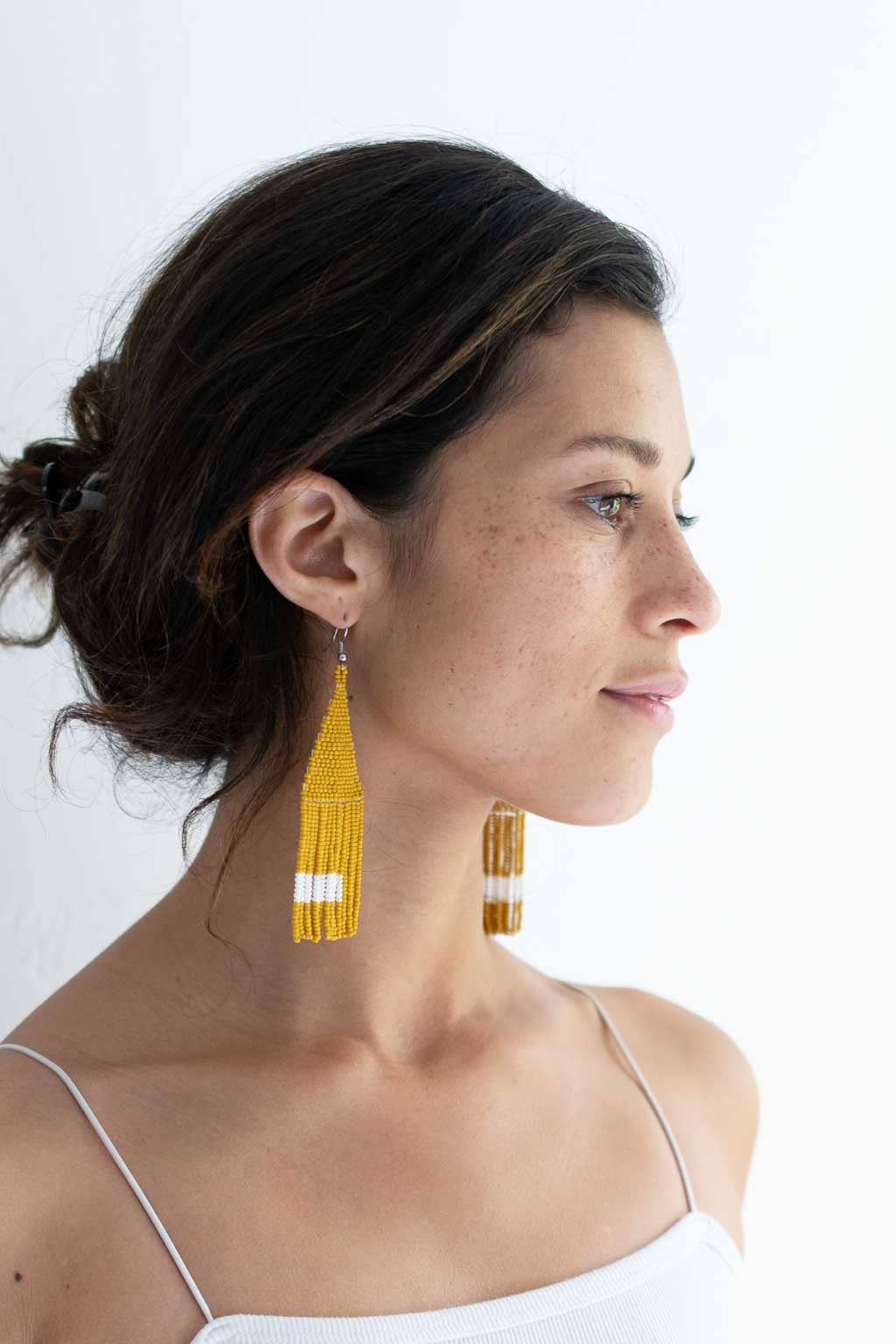 Beaded Fringe Earrings in Mostaza