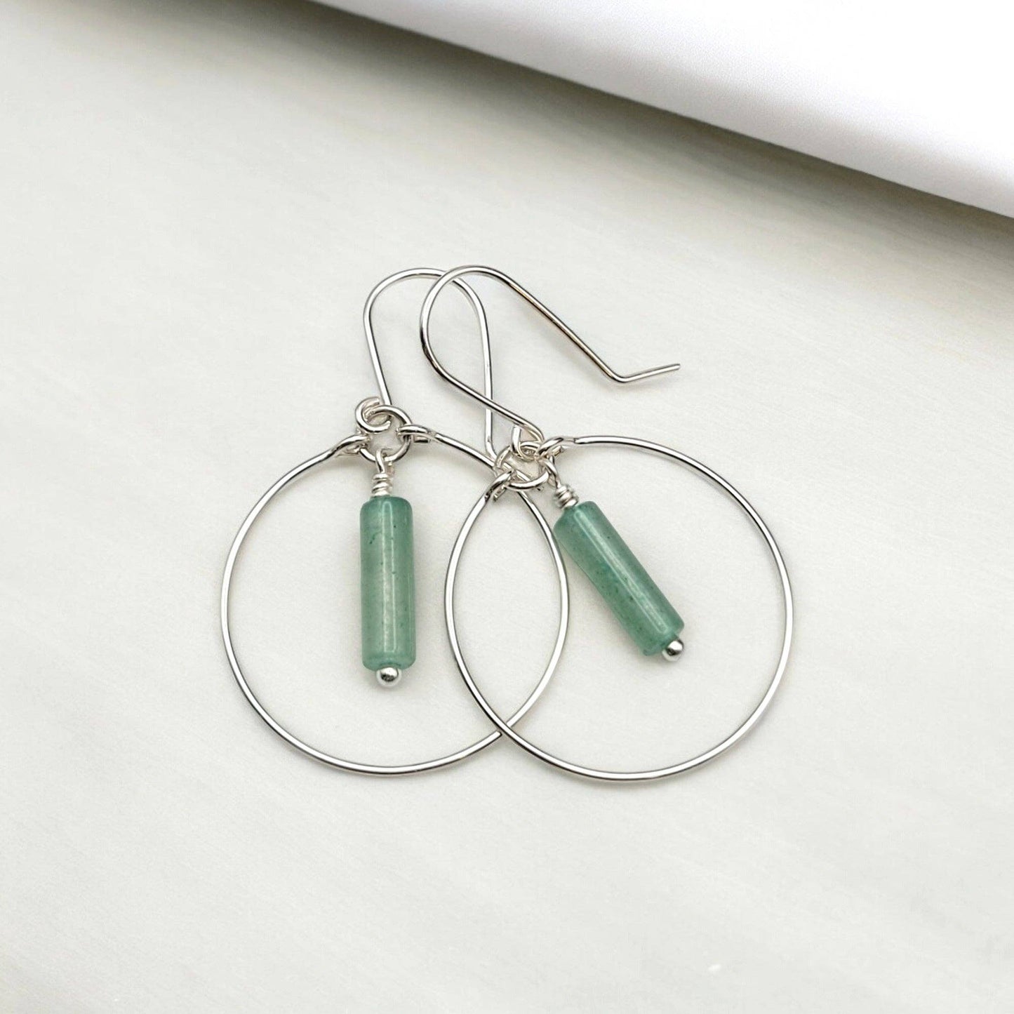 Sterling Silver Hoop Earrings with Green Aventurine Handmade