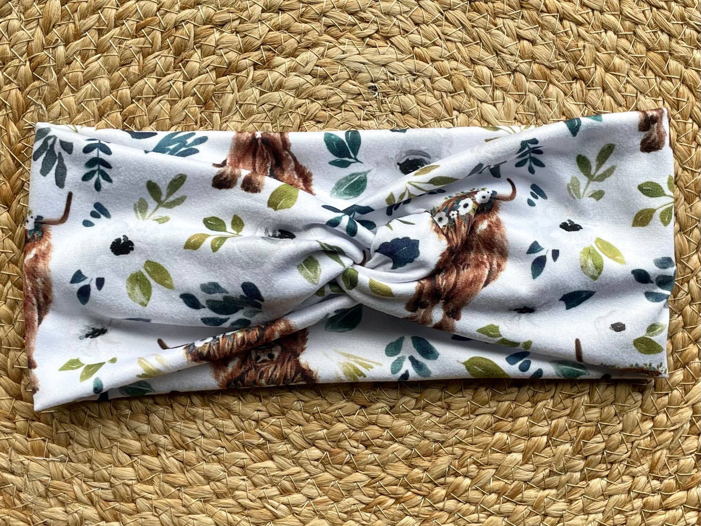 Highland Cow White Floral Knit Twist Headband