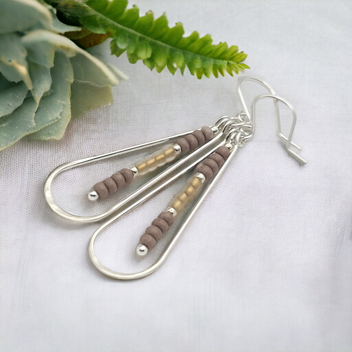Sterling Silver Teardrop Hoop Earrings with Brown Seed Beads