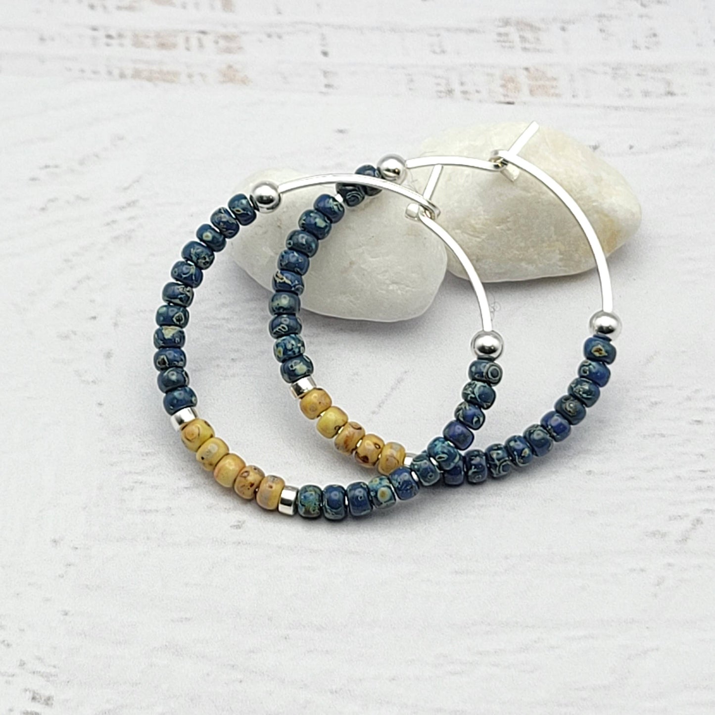 Blue Beaded Boho Silver Hoop Earrings