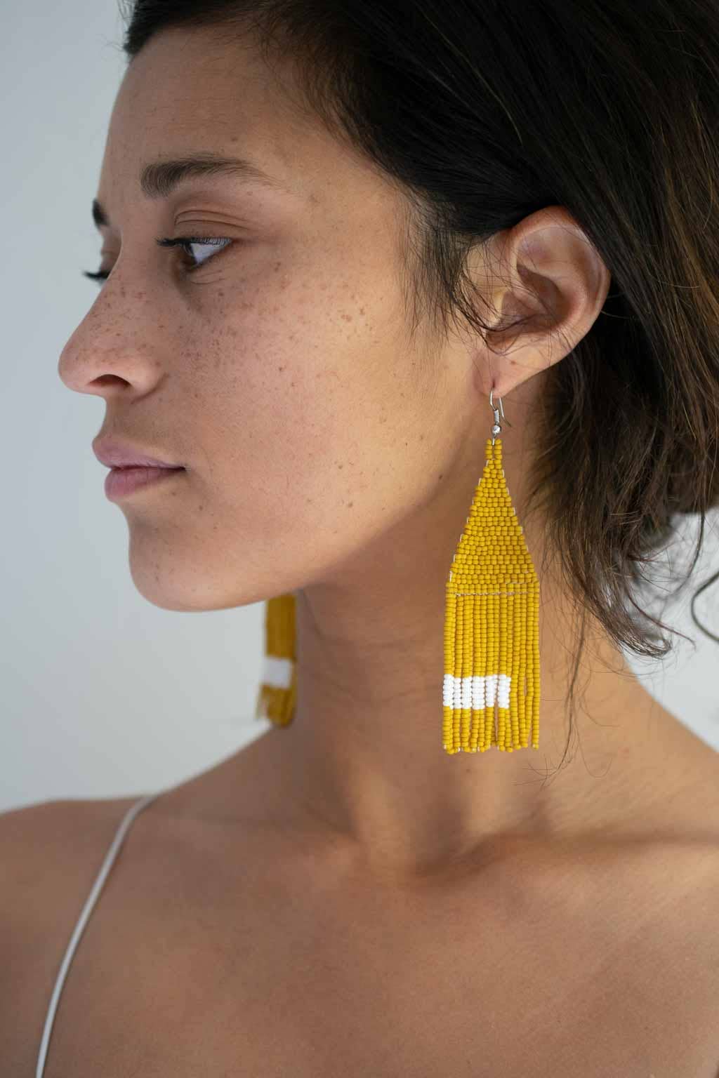 Beaded Fringe Earrings in Mostaza