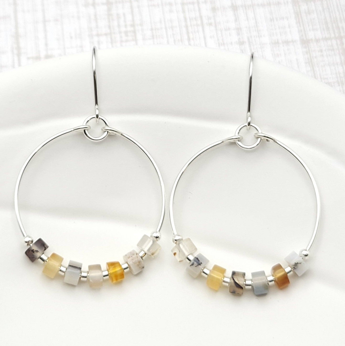 Silver Hoop Earrings with Montana Agate Gemstones