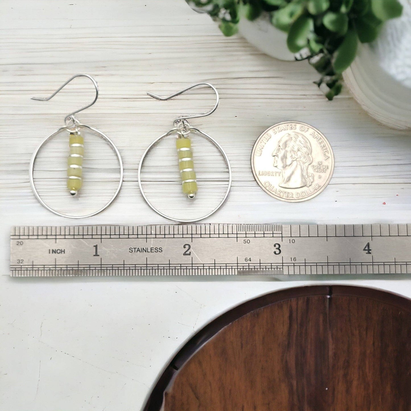 Sterling Silver Hoop Earrings with Lemon Yellow Jade