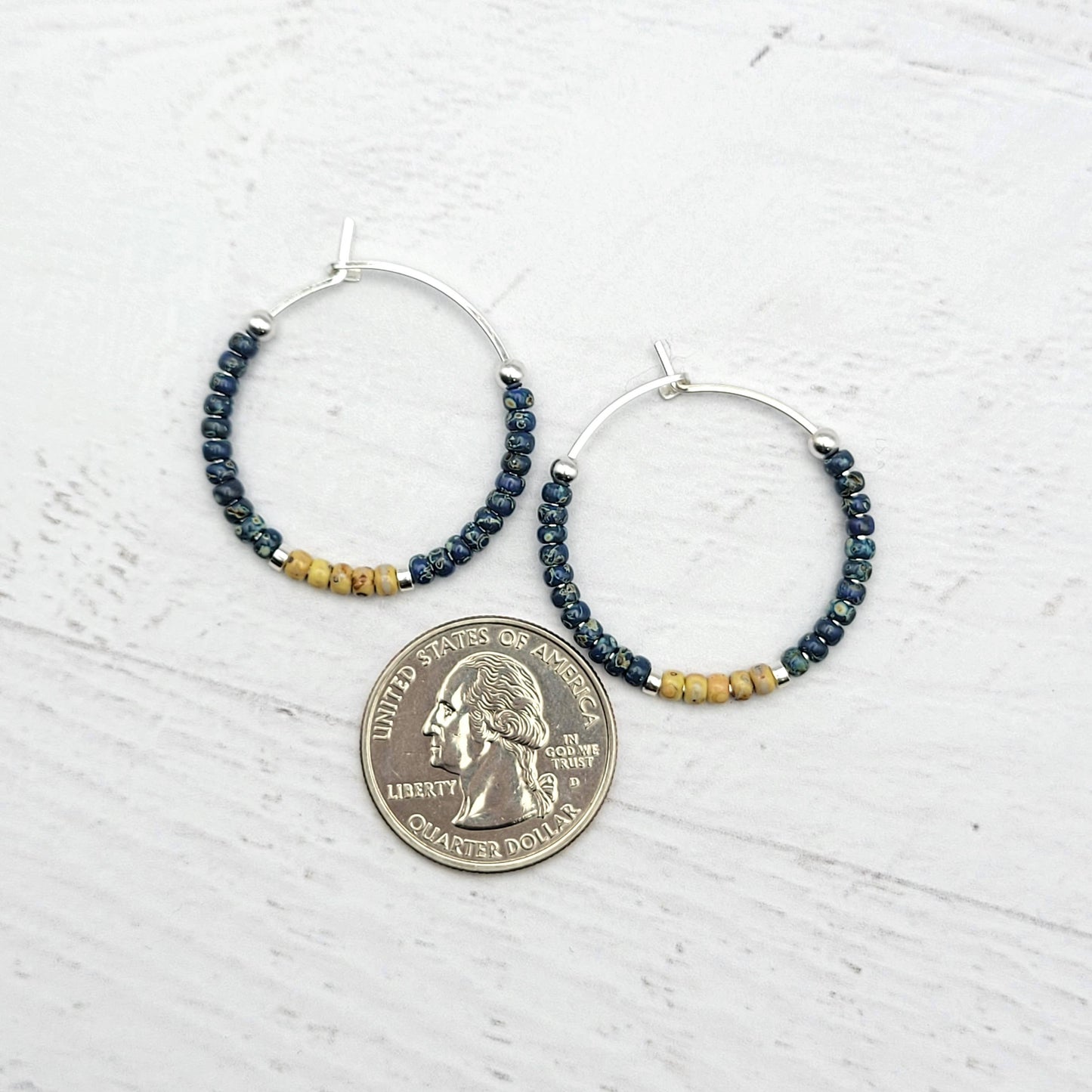 Blue Beaded Boho Silver Hoop Earrings