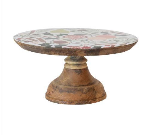 Enameled Mango Wood Pedestal w/ Fruit & Botanicals Pattern, Multi Color
