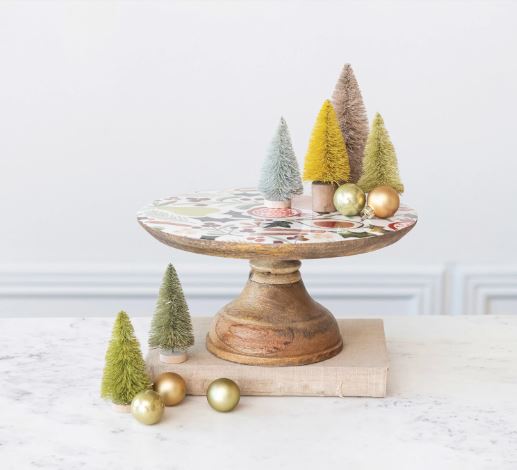 Enameled Mango Wood Pedestal w/ Fruit & Botanicals Pattern, Multi Color