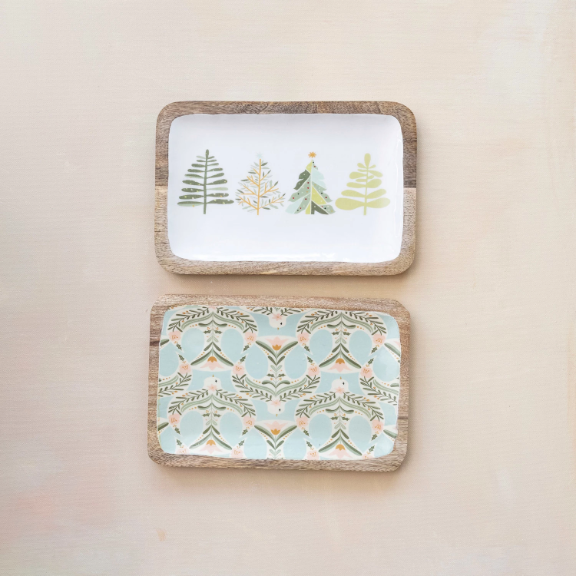 Enameled Mango Wood Trays w/ Dove/Trees Patterns, 2 Styles