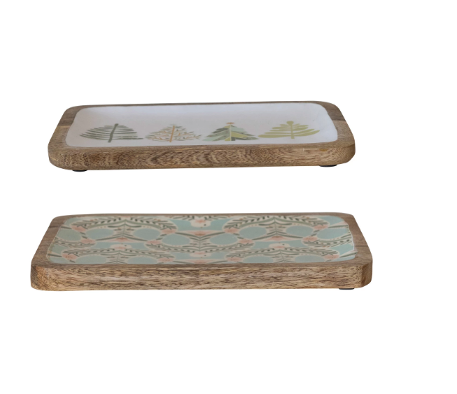 Enameled Mango Wood Trays w/ Dove/Trees Patterns, 2 Styles