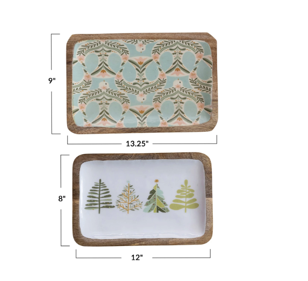 Enameled Mango Wood Trays w/ Dove/Trees Patterns, 2 Styles