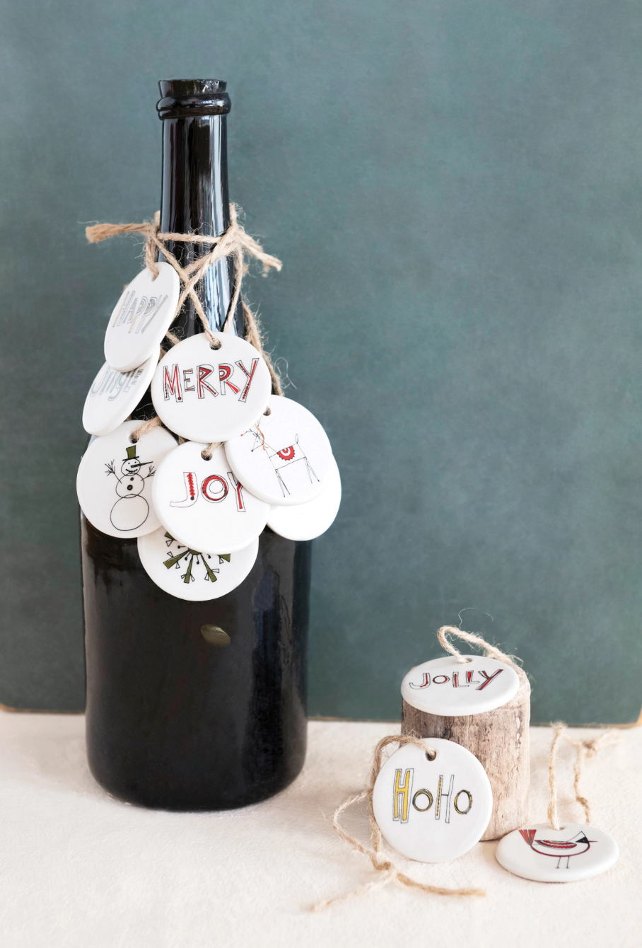 Round Stoneware Tag Ornament with Holiday Image/Word
