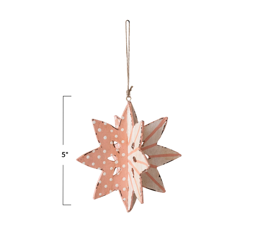 Hand-Painted Paper Mache Snowflake Ornament w/ Dots & Stripes