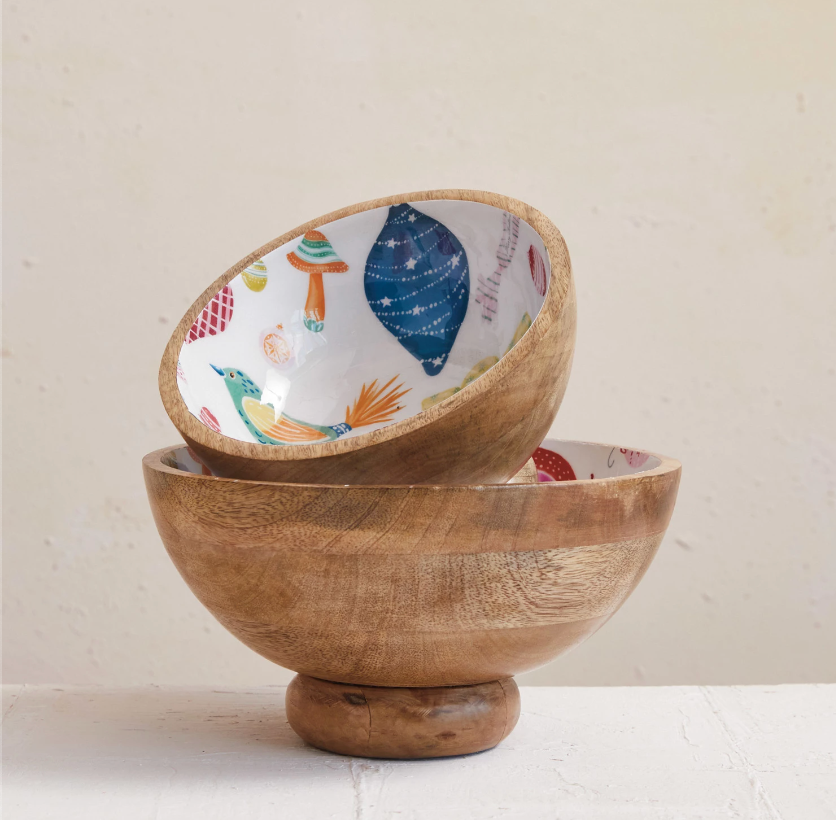 Enameled Mango Wood Footed Bowls w/ Seasonal Pattern