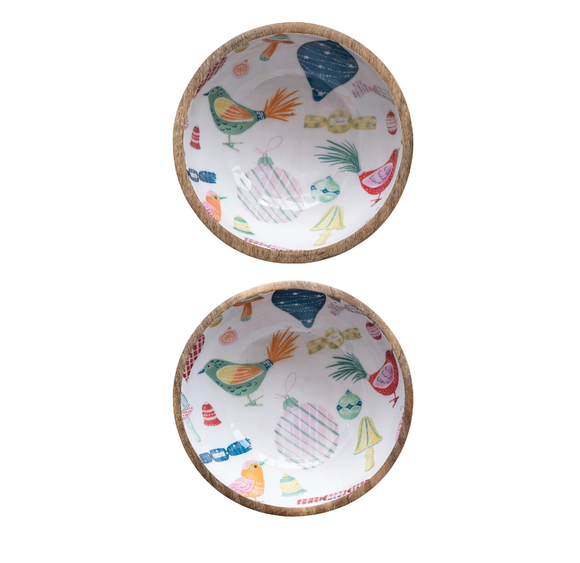 Enameled Mango Wood Footed Bowls w/ Seasonal Pattern