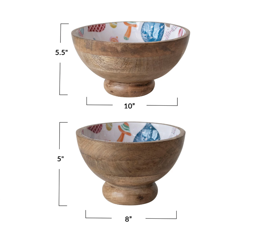 Enameled Mango Wood Footed Bowls w/ Seasonal Pattern