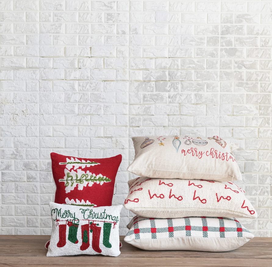 24"L x 16"H Woven Cotton Slub Lumbar Pillow w/ Embroidered Pattern