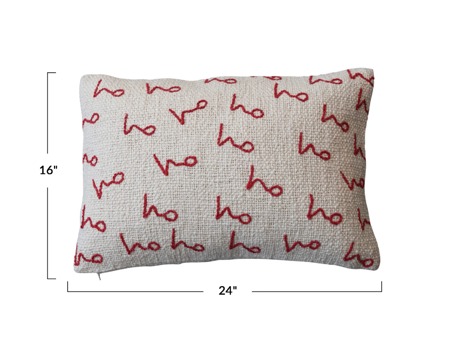 24"L x 16"H Woven Cotton Slub Lumbar Pillow w/ Embroidered Pattern
