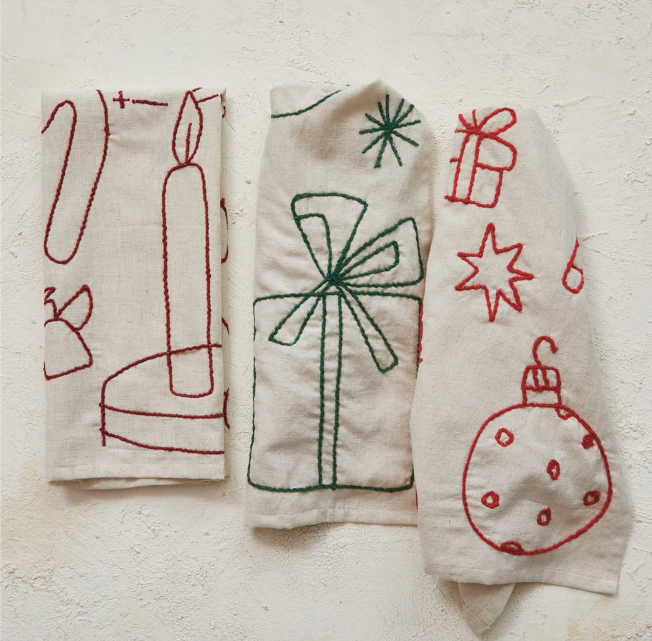 Woven Cotton & Linen Tea Towel w/ Embroidered Holiday Icons, 3 Colors, 3 Styles