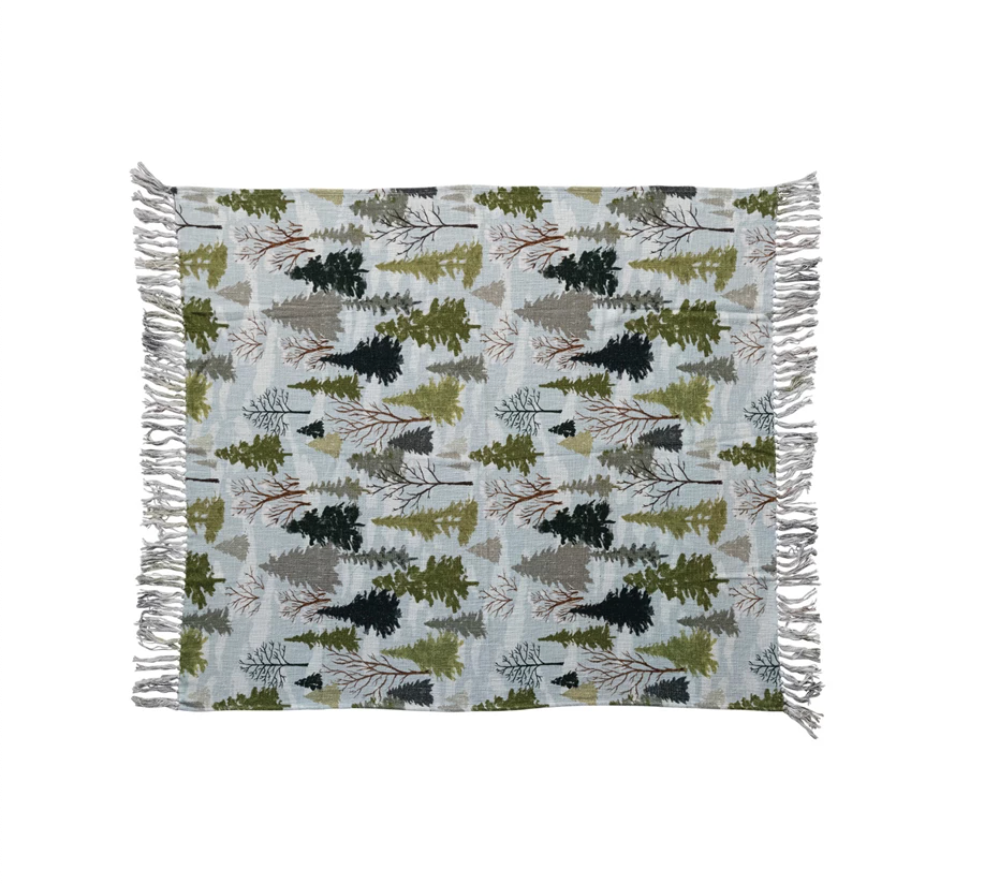 Cotton Slub Printed Throw w/ Trees Pattern & Fringe, Multi Color