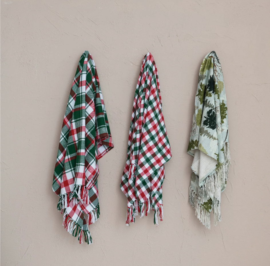 Cotton Slub Printed Throw w/ Trees Pattern & Fringe, Multi Color