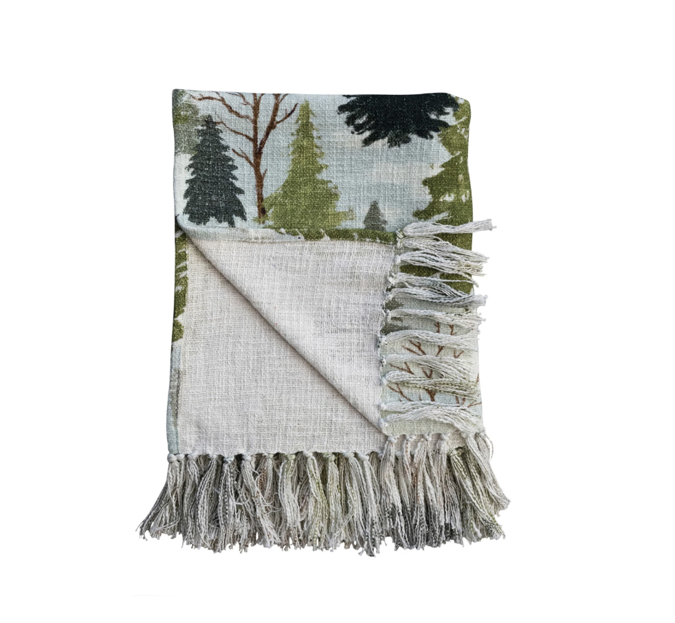 Cotton Slub Printed Throw w/ Trees Pattern & Fringe, Multi Color