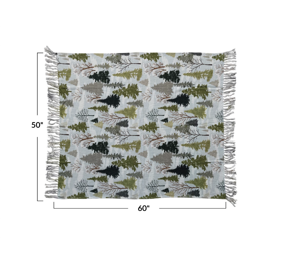 Cotton Slub Printed Throw w/ Trees Pattern & Fringe, Multi Color