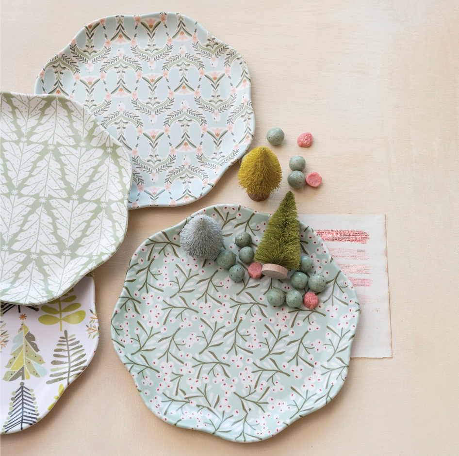 Bamboo Melamine Scalloped Plate w/ Berry/Tree/Dove Pattern, 4 Styles