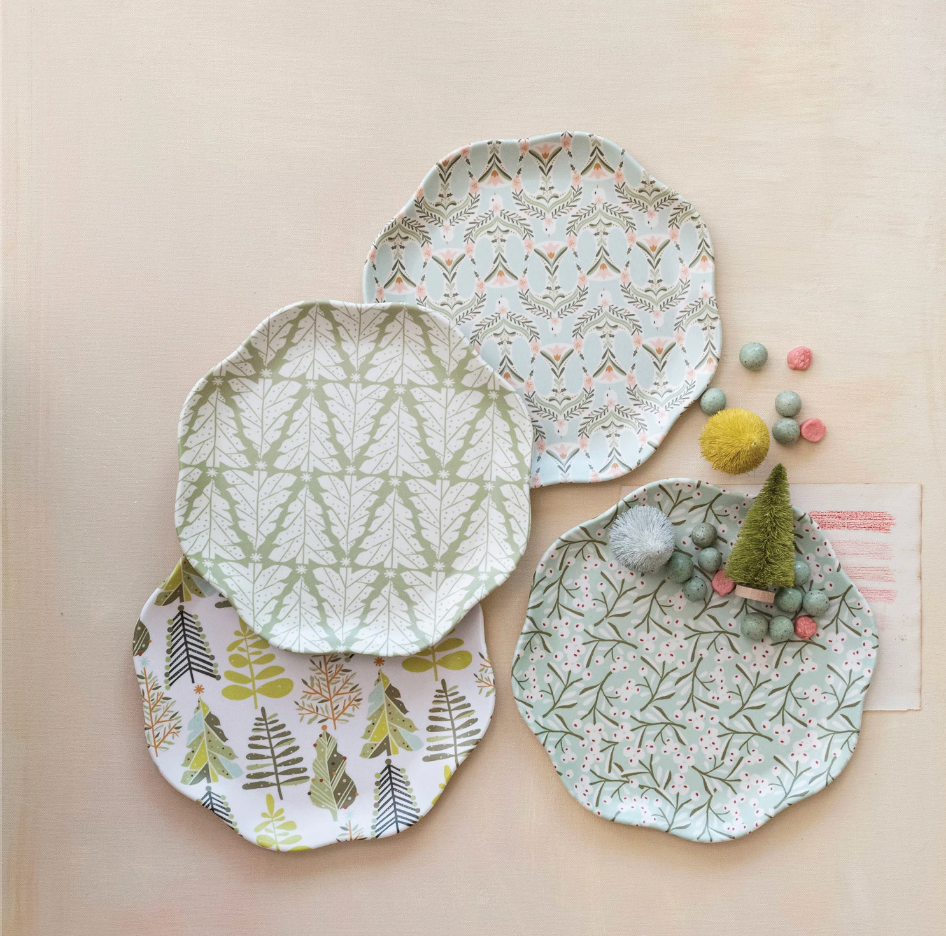 Bamboo Melamine Scalloped Plate w/ Berry/Tree/Dove Pattern, 4 Styles