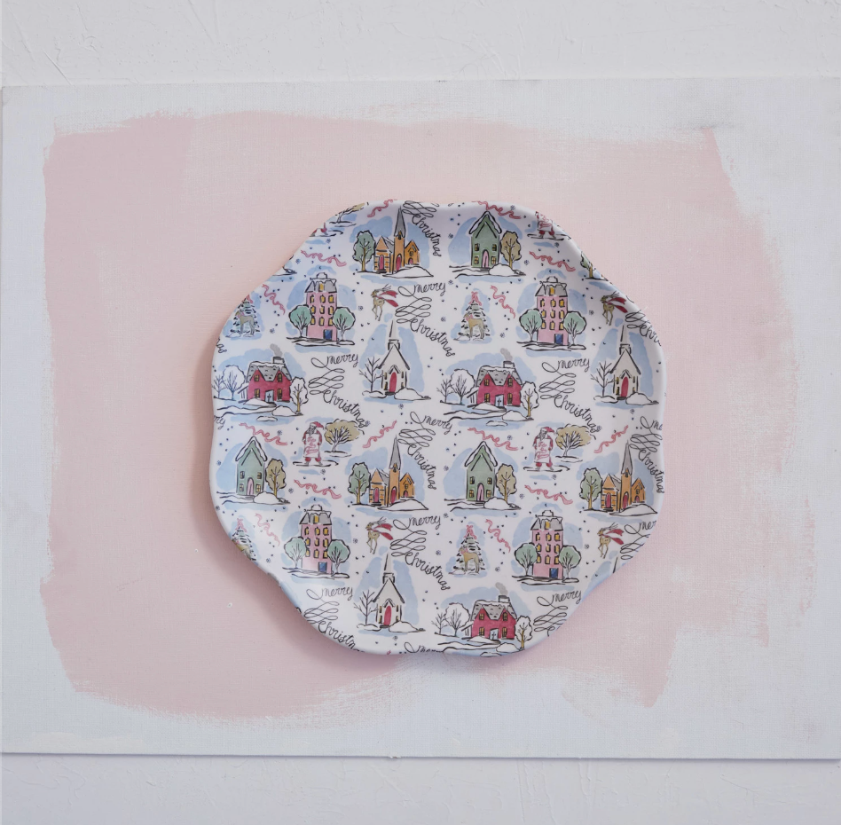 Bamboo Melamine Scalloped Plate w/ Holiday Pattern, Multi Color