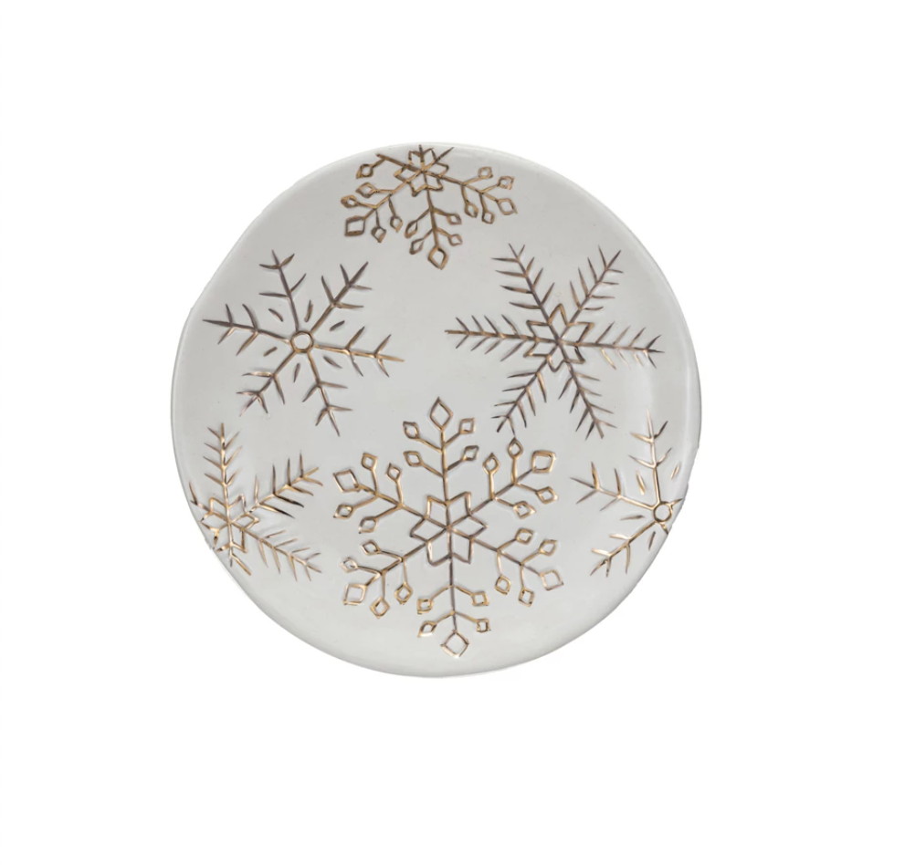 Stoneware Plate with Gold Electroplated Snowflakes, White